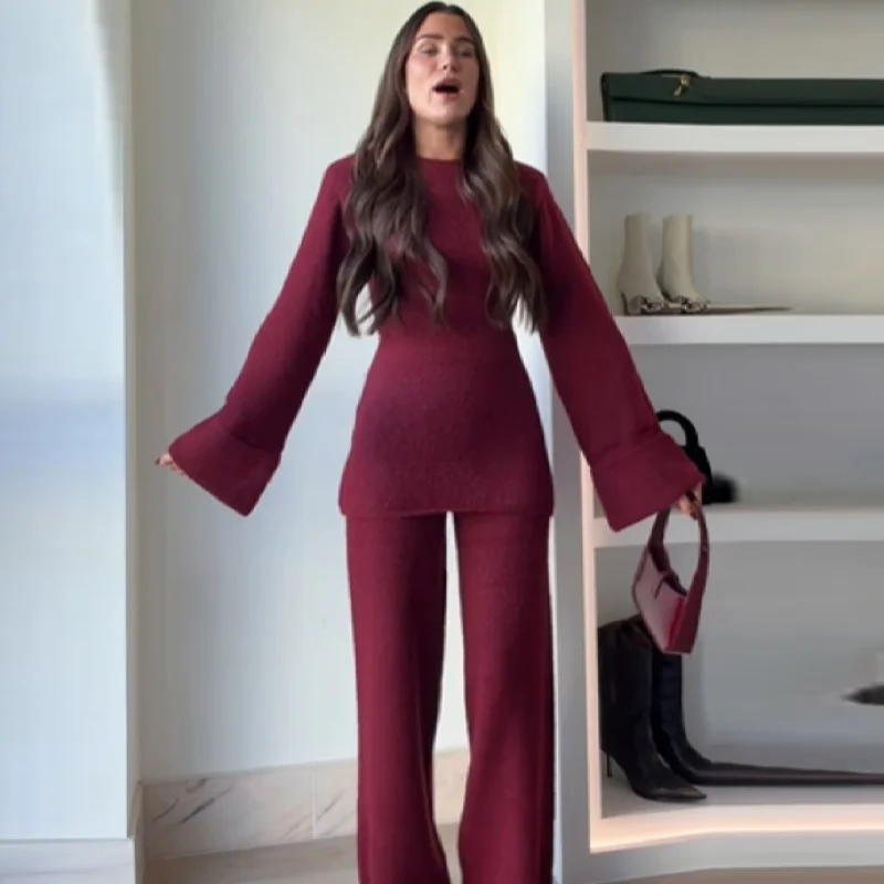 Women Vintage Knit Crimson Set O-neck Long Sleeved Tied Waist Top Slim Fit Long Leg Casual Pants 2025 New Autumn Winter Suit
Women Vintage Knit Crimson Set O-neck Long Sleeved Tied Waist Top Slim Fit Long Leg Casual Pants 2025 New Autumn Winter Suit