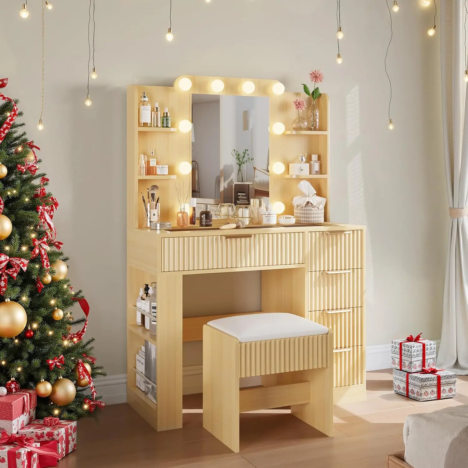 Makeup Vanity Desk with Large Mirror and LED Lights, Fluted Vanity Desk with Charging Station and Holder, Modern Glass Top Makeu
Makeup Vanity Desk with Large Mirror and LED Lights, Fluted Vanity Desk with Charging Station and Holder, Modern Glass Top Makeu
