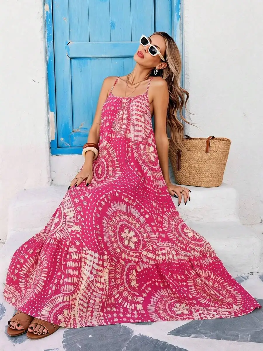 Women Sleeveless Spaghetti Strap Maxi Dress With All Over Print Bohemian Style
Women Sleeveless Spaghetti Strap Maxi Dress With All Over Print Bohemian Style