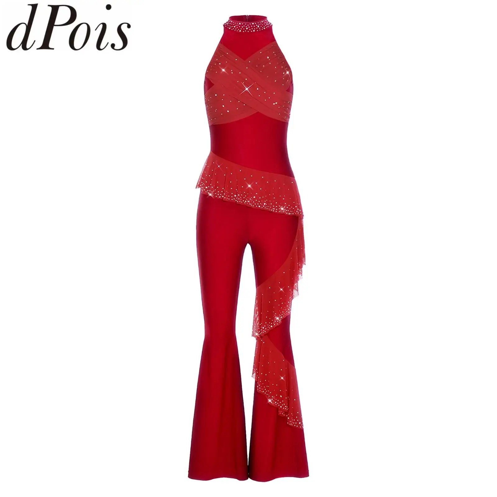 Women Jazz Tango Figure Skating Lyrical Dance Flared Rompers Rhinestone Mesh Overlays Sleeveless Bell Bottoms Jumpsuit Dancewear
Women Jazz Tango Figure Skating Lyrical Dance Flared Rompers Rhinestone Mesh Overlays Sleeveless Bell Bottoms Jumpsuit Dancewear