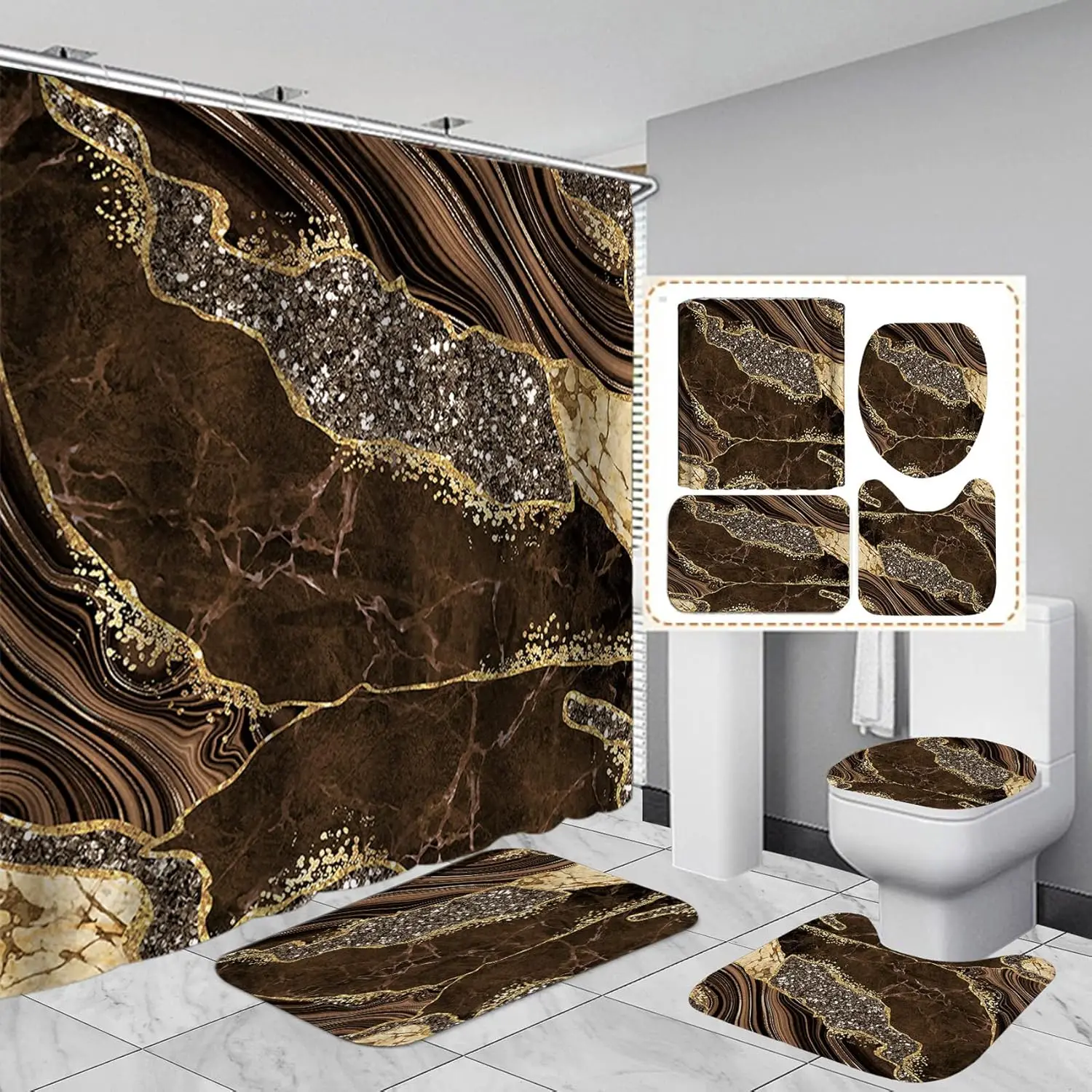 4Pcs Brown Marble Shower Curtain Set, Modern Bathroom Decor with Toilet Lid Cover, Contour Rug, Bath Mat & 12 Hooks, 72x72 Inch
4Pcs Brown Marble Shower Curtain Set, Modern Bathroom Decor with Toilet Lid Cover, Contour Rug, Bath Mat & 12 Hooks, 72x72 Inch