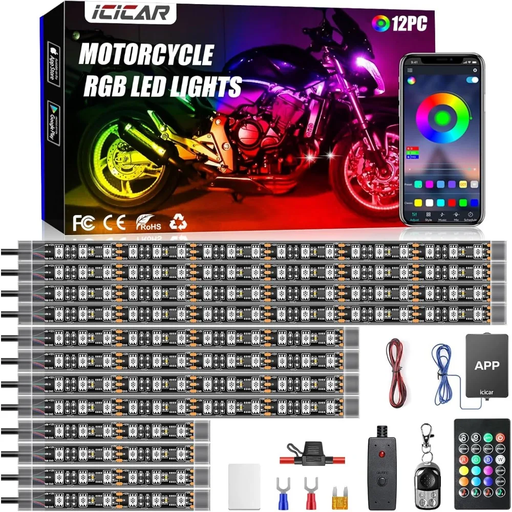 12 Piece Multicolor Motorcycle LED Underglow Kit with App RF Control Brake Turn Signal IP68 Waterproof Music Sync
12 Piece Multicolor Motorcycle LED Underglow Kit with App RF Control Brake Turn Signal IP68 Waterproof Music Sync
