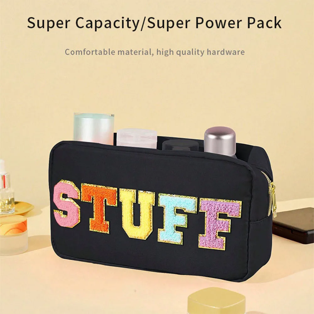 STUFF Nylon Cosmetic Bag Small Travel Prep Cosmetic Bag for Women Girls with Chenille Letter Patch, Black Filling, Fashion
STUFF Nylon Cosmetic Bag Small Travel Prep Cosmetic Bag for Women Girls with Chenille Letter Patch, Black Filling, Fashion