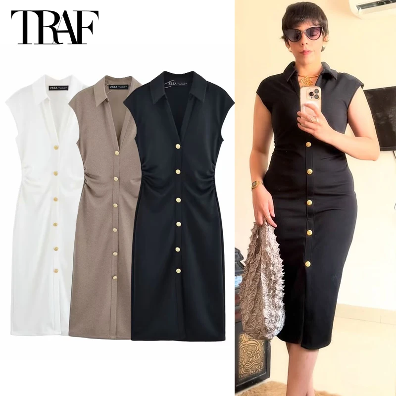 TRAF 2025 Pleated Midi Dresses for Women Sleeveless Shirt Dress Woman White Black Women's Summer Dress Draped Party Dress Women
TRAF 2025 Pleated Midi Dresses for Women Sleeveless Shirt Dress Woman White Black Women's Summer Dress Draped Party Dress Women
