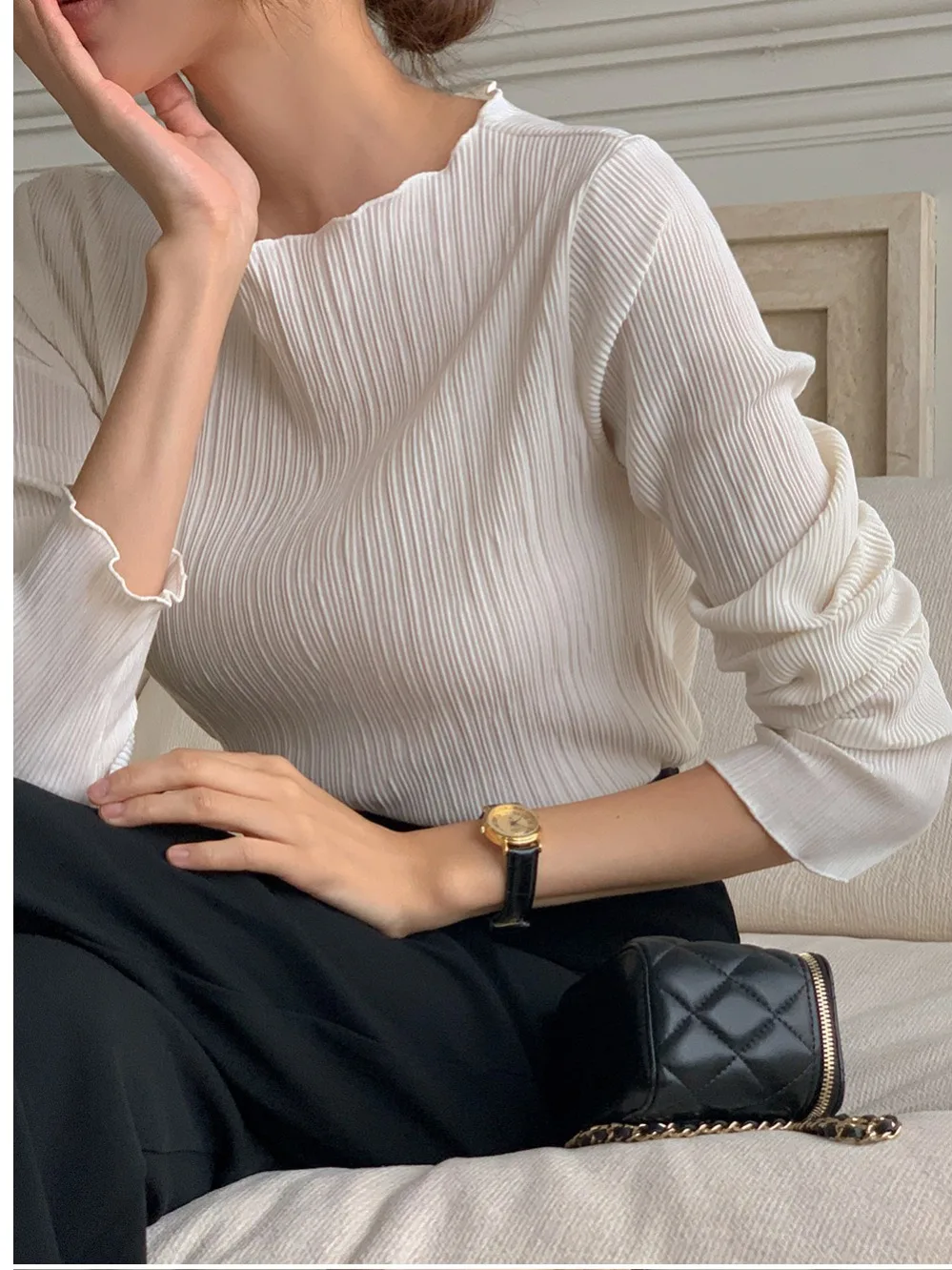 Ele Autumnal Long Sve Petal Collar Texture Women's Base irt Faionable Slimming Top Commute Sle Campus Outdoor
Ele Autumnal Long Sve Petal Collar Texture Women's Base irt Faionable Slimming Top Commute Sle Campus Outdoor