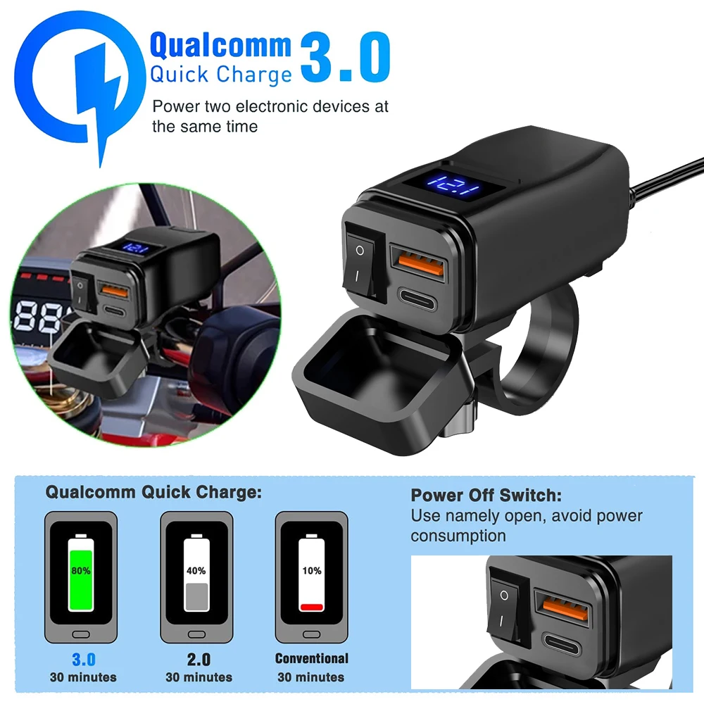 60W Dual Usb Pd Qc3.0 Motorcycle Handlebar Dual Usb Fast Charging Charger Switch Voltmeter Waterproof Power Adapter 12V-24V
60W Dual Usb Pd Qc3.0 Motorcycle Handlebar Dual Usb Fast Charging Charger Switch Voltmeter Waterproof Power Adapter 12V-24V