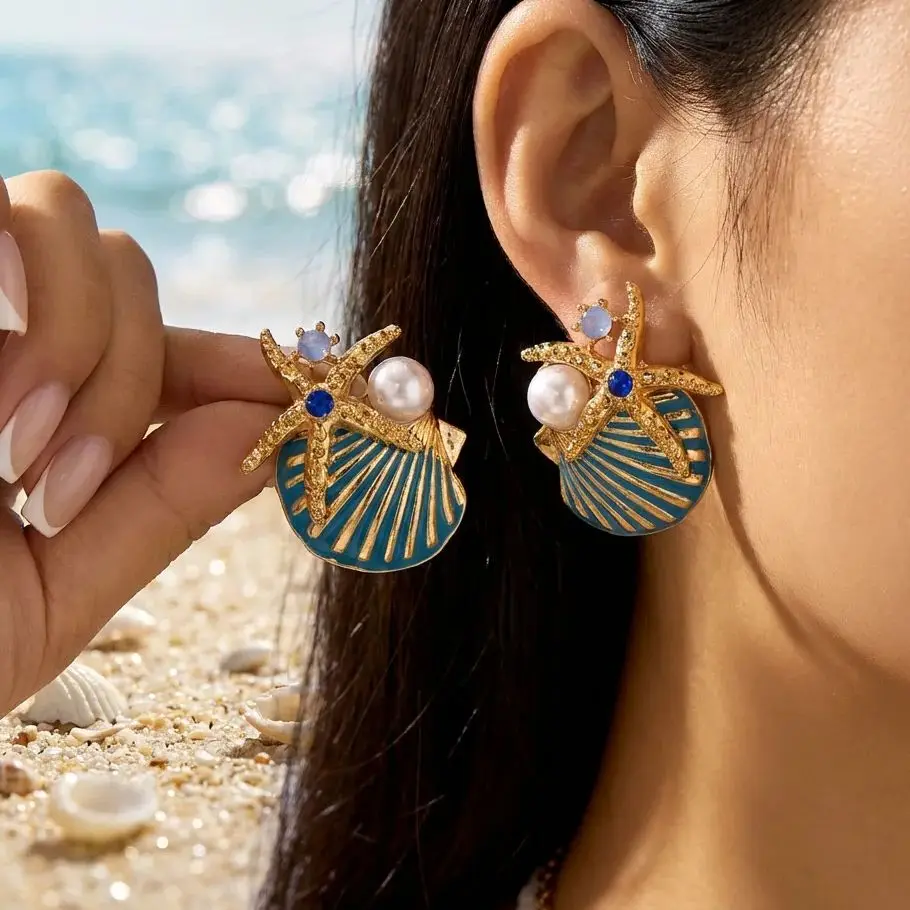 Trend Seashell Starfish Stud Earrings for Women Elegant Imitation Pearl Zircon Sea Star Earring Beach Party Vacation Jewelry
Trend Seashell Starfish Stud Earrings for Women Elegant Imitation Pearl Zircon Sea Star Earring Beach Party Vacation Jewelry