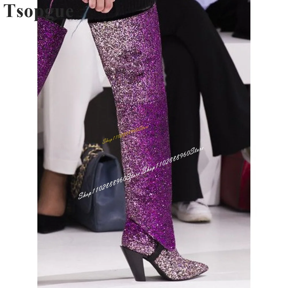 Thigh High Bling Gradient Purple Glitter Boots Thick Heel Women Shoes Slip On Pointed Toe Catwalk Gorgeous Luxury Women Boots
Thigh High Bling Gradient Purple Glitter Boots Thick Heel Women Shoes Slip On Pointed Toe Catwalk Gorgeous Luxury Women Boots