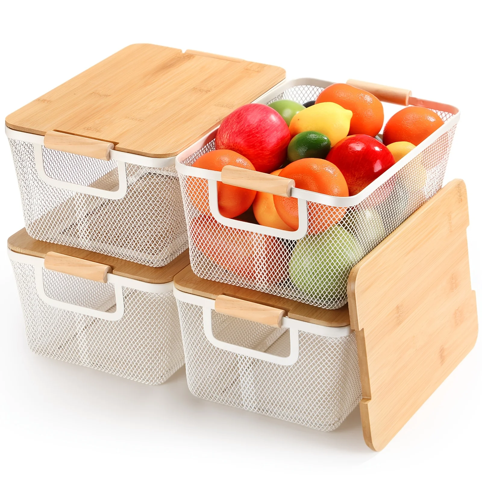 4pcs White Metal Wire Basket with Bamboo Lids & Wooden Handles - Stackable Steel Storage Bins, Mesh Pantry Organizers Suitable for Vegetables, Fruits, Home Cabinet, Pantry Shelving - Multi- Container
4pcs White Metal Wire Basket with Bamboo Lids & Wooden Handles - Stackable Steel Storage Bins, Mesh Pantry Organizers Suitable for Vegetables, Fruits, Home Cabinet, Pantry Shelving - Multi- Container