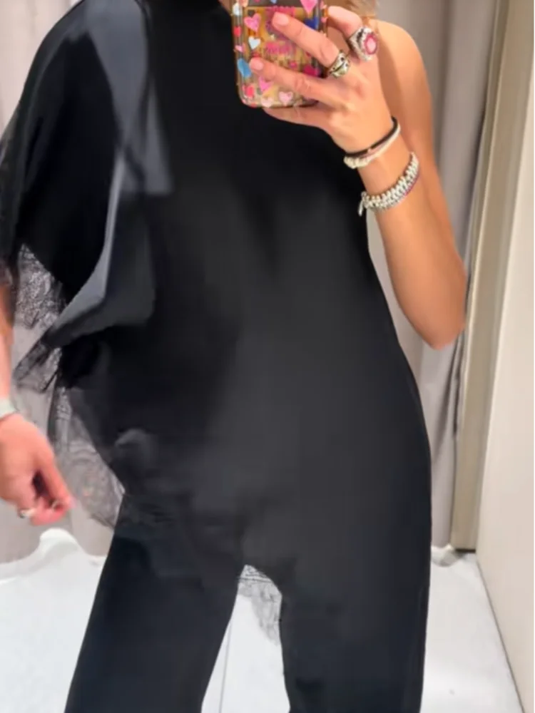 Black Women Lace Patchwork One-shoulder Shirt Casual Slanted Collar Short Sleeve Irregular Hem Top Lady Daily Highstreet Tops
Black Women Lace Patchwork One-shoulder Shirt Casual Slanted Collar Short Sleeve Irregular Hem Top Lady Daily Highstreet Tops