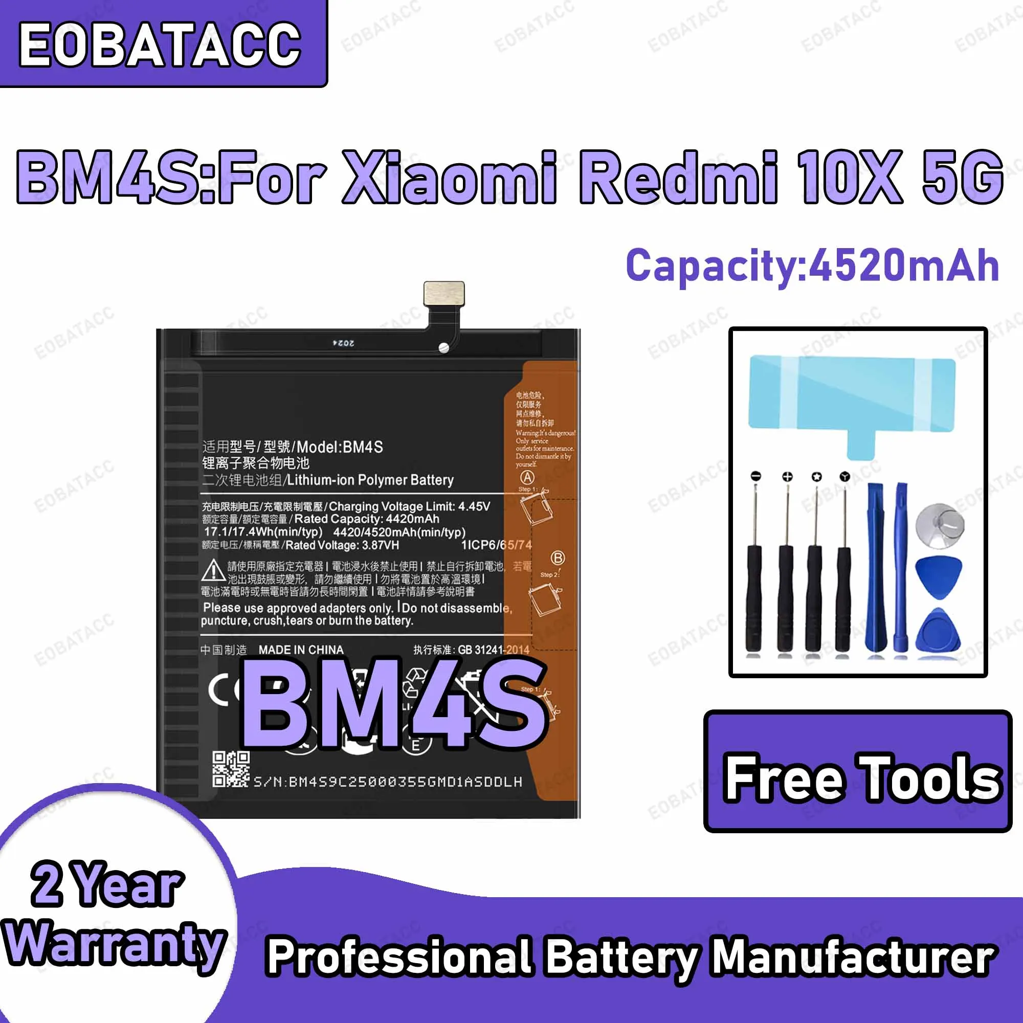 4520mAh BM4S Replacement Battery for Xiaomi Redmi 10X 5G Repair Tools Kit
4520mAh BM4S Replacement Battery for Xiaomi Redmi 10X 5G Repair Tools Kit