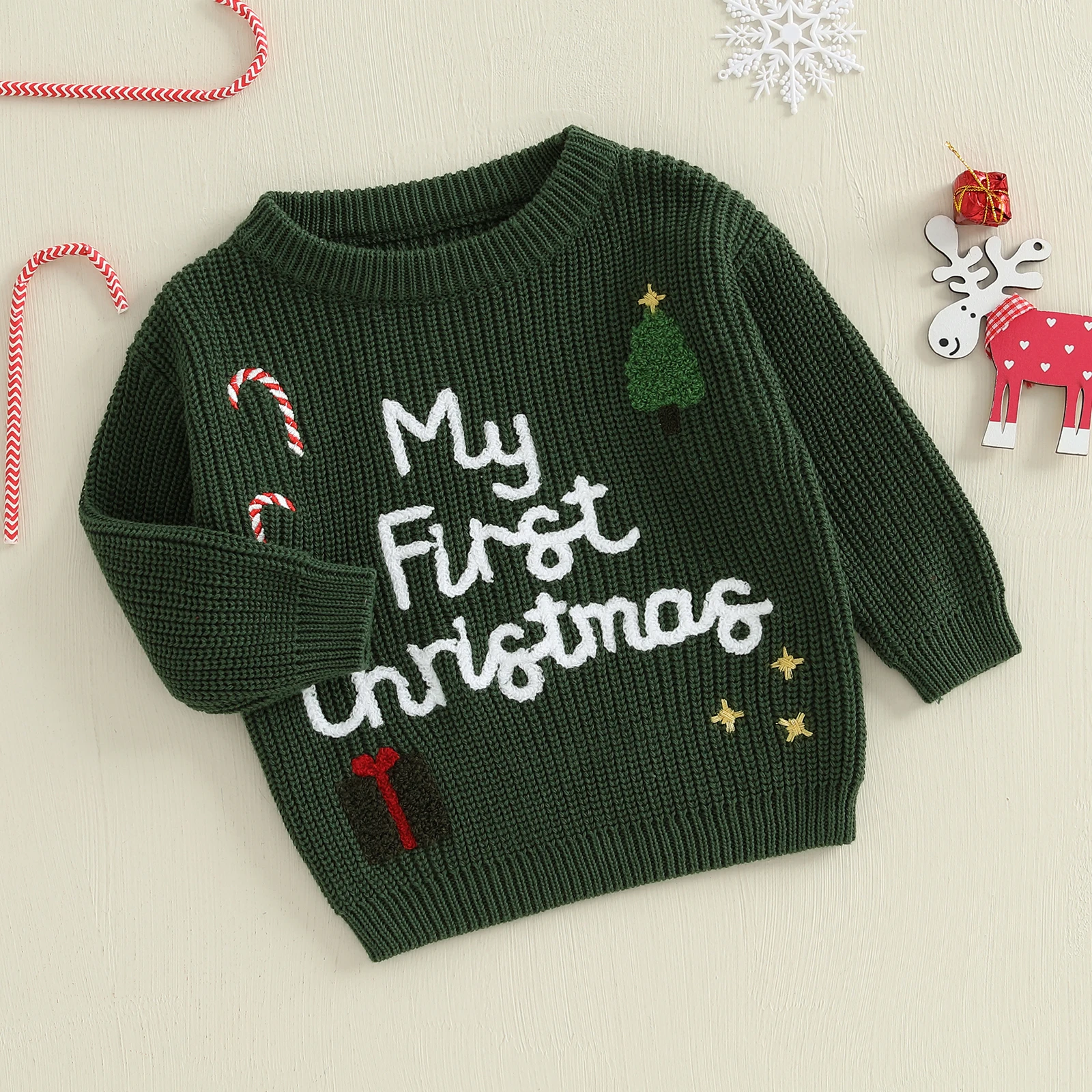 Рождественский свитер для маленьких девочек 0-18 месяцев, пуловер с длинными рукавами и круглым вырезом, буквенная подарочная коробка, пуловер с вышивкой в виде трости, трикотаж
Рождественский свитер для маленьких девочек 0-18 месяцев, пуловер с длинными рукавами и круглым вырезом, буквенная подарочная коробка, пуловер с вышивкой в виде трости, трикотаж