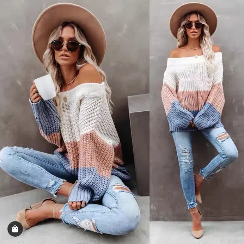Autumn and Winter New One Necked Off Shoulder Patchwork Contrasting Loose and Versatile Knitted Pullover Sweater 110
Autumn and Winter New One Necked Off Shoulder Patchwork Contrasting Loose and Versatile Knitted Pullover Sweater 110