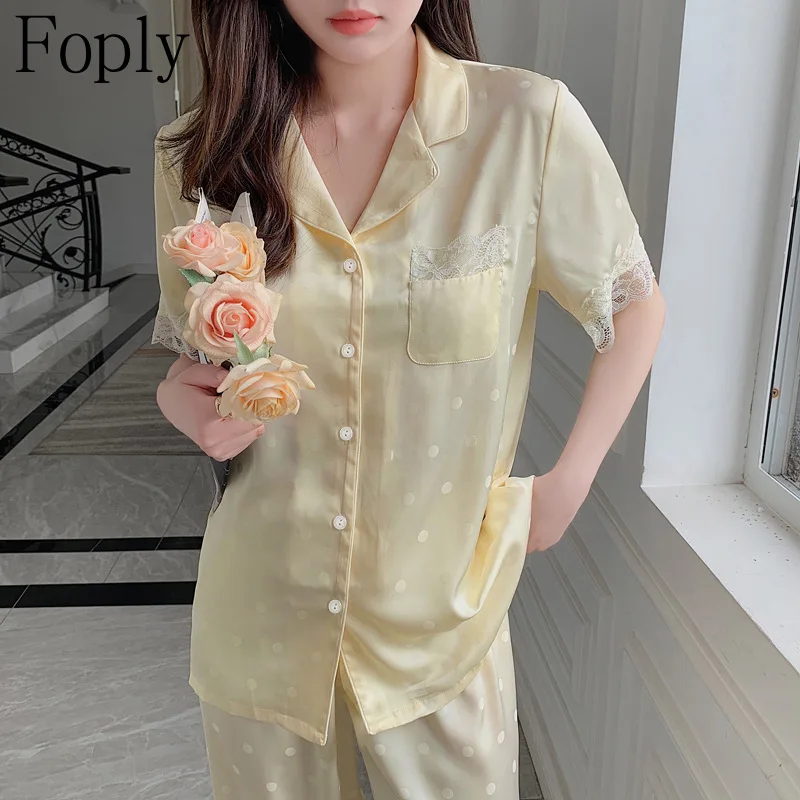 Dot Yellow Woman Pyjamas Spring Summer 2 Piece Pajama Faux Silk Satin Sleepwear Short Sleeve Pants Pijama Mujer Pjs Loungewear
Dot Yellow Woman Pyjamas Spring Summer 2 Piece Pajama Faux Silk Satin Sleepwear Short Sleeve Pants Pijama Mujer Pjs Loungewear