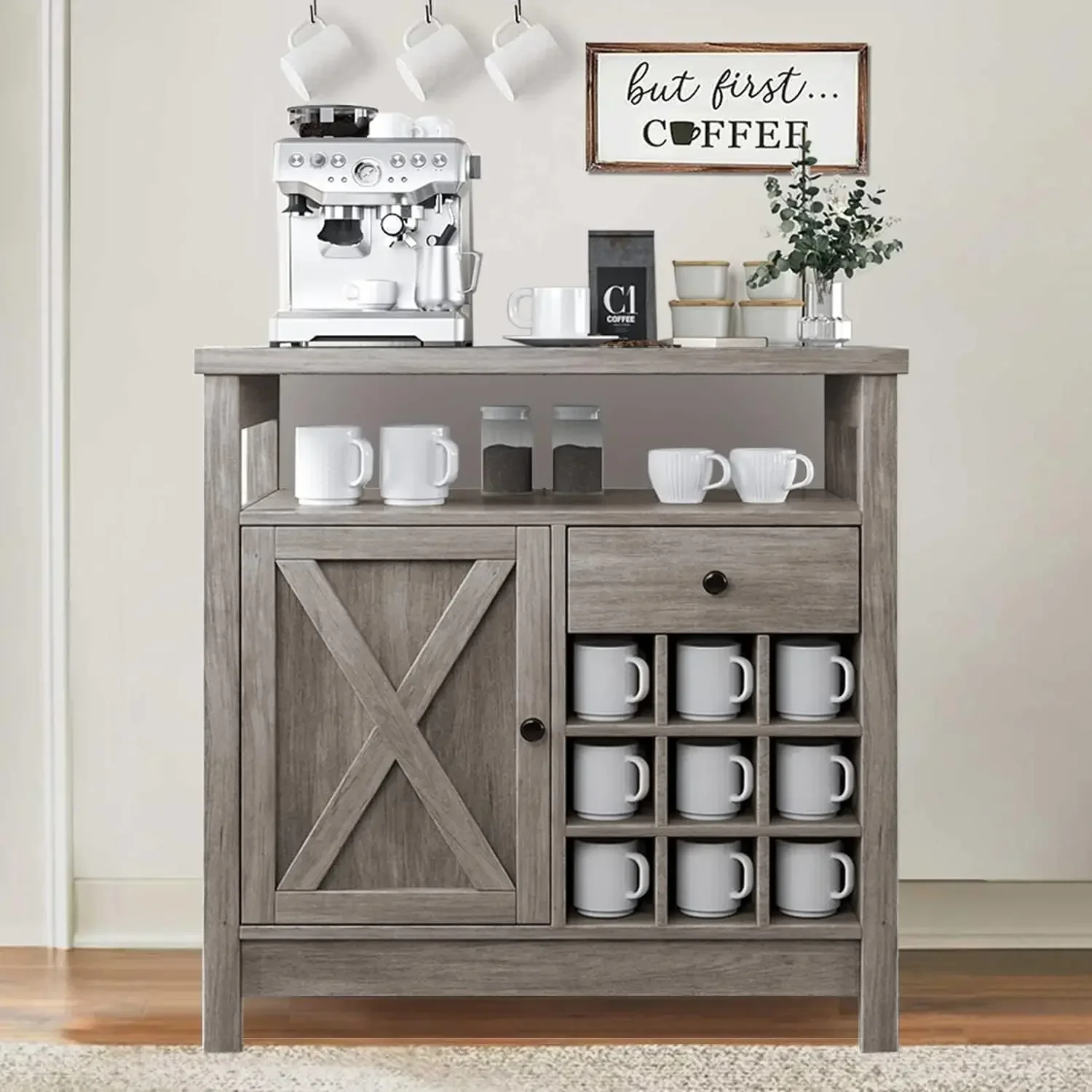 Farmhouse Coffee Bar Cabinet with Storage, 32 inch Coffee Bar Table with Barn Door and 9 Wine Racks
Farmhouse Coffee Bar Cabinet with Storage, 32 inch Coffee Bar Table with Barn Door and 9 Wine Racks