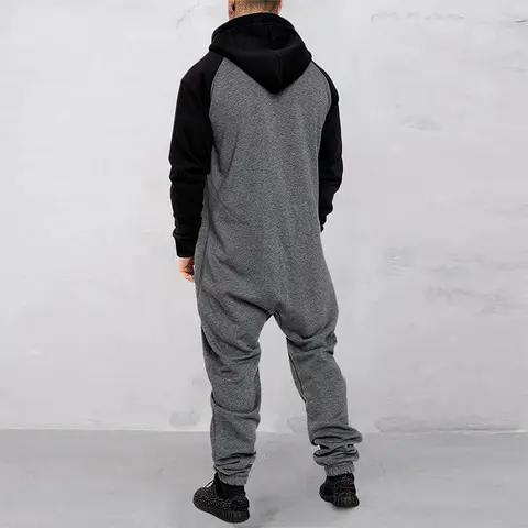 Men s Hooded Jumpsuit with Front Zipper and Pockets Long Sleeve Romper for Winter and Fall Full Length Contrast Design