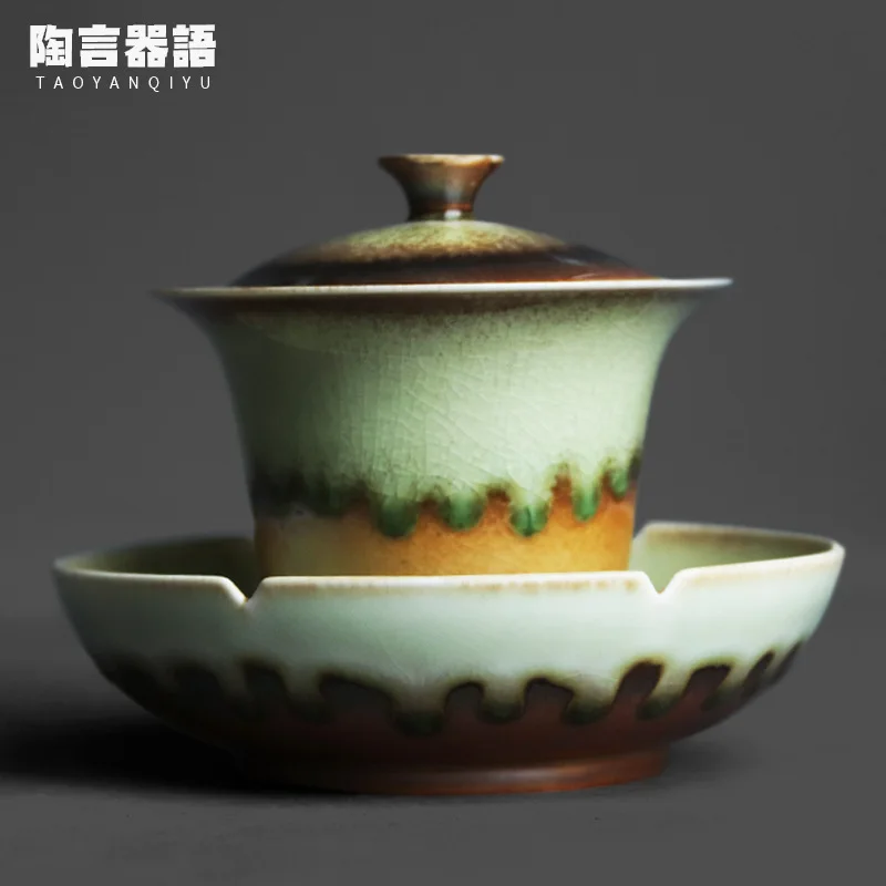 Wood burning mark spot glaze texture horseshoe cover bowl with tray Vintage ceramic kungfu Cantonese tea brewing bowl
Wood burning mark spot glaze texture horseshoe cover bowl with tray Vintage ceramic kungfu Cantonese tea brewing bowl