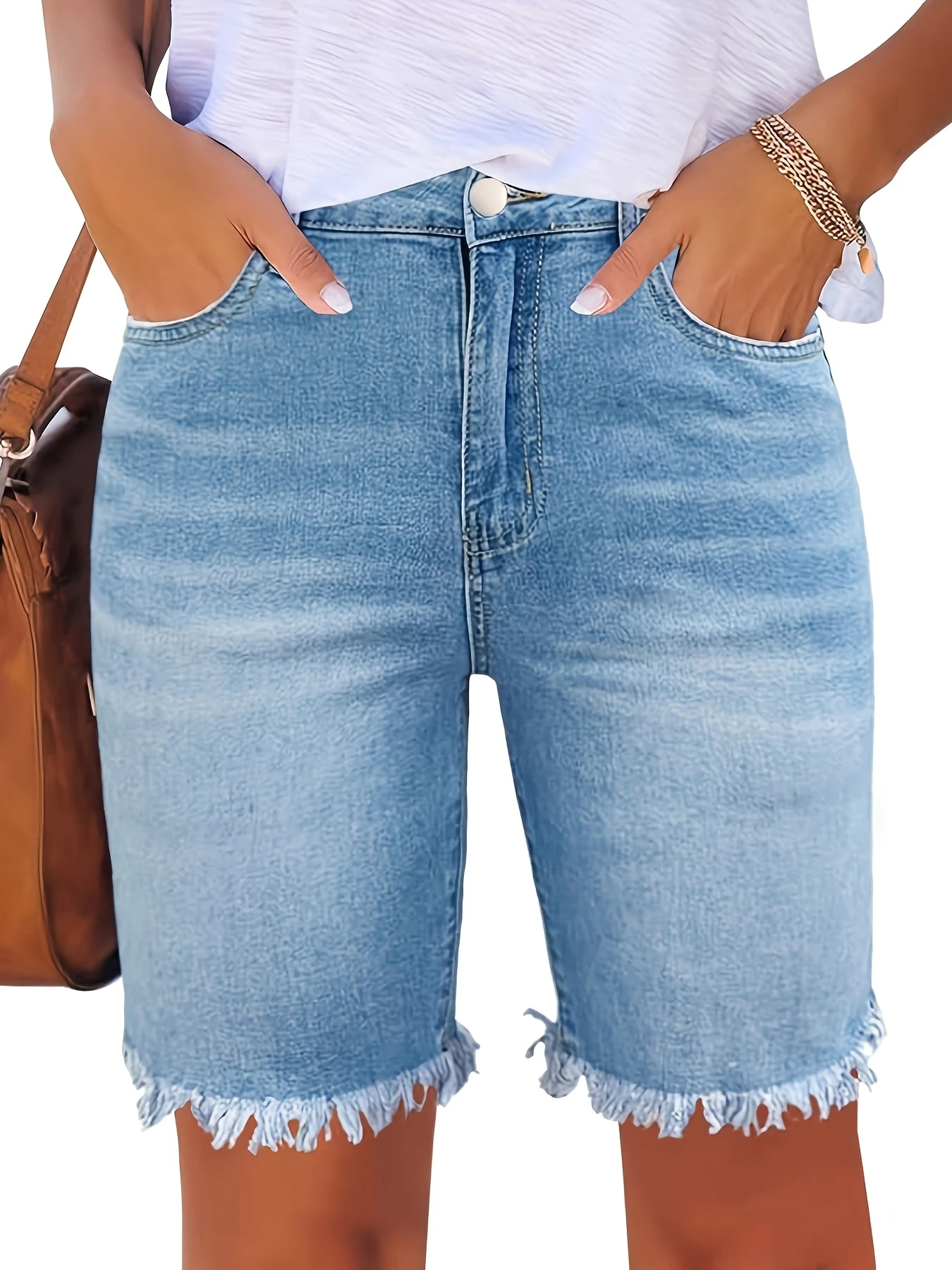 Women's jeans with fringed hem, sexy stretch slim fit, washed blue Bermuda denim shorts
Women's jeans with fringed hem, sexy stretch slim fit, washed blue Bermuda denim shorts