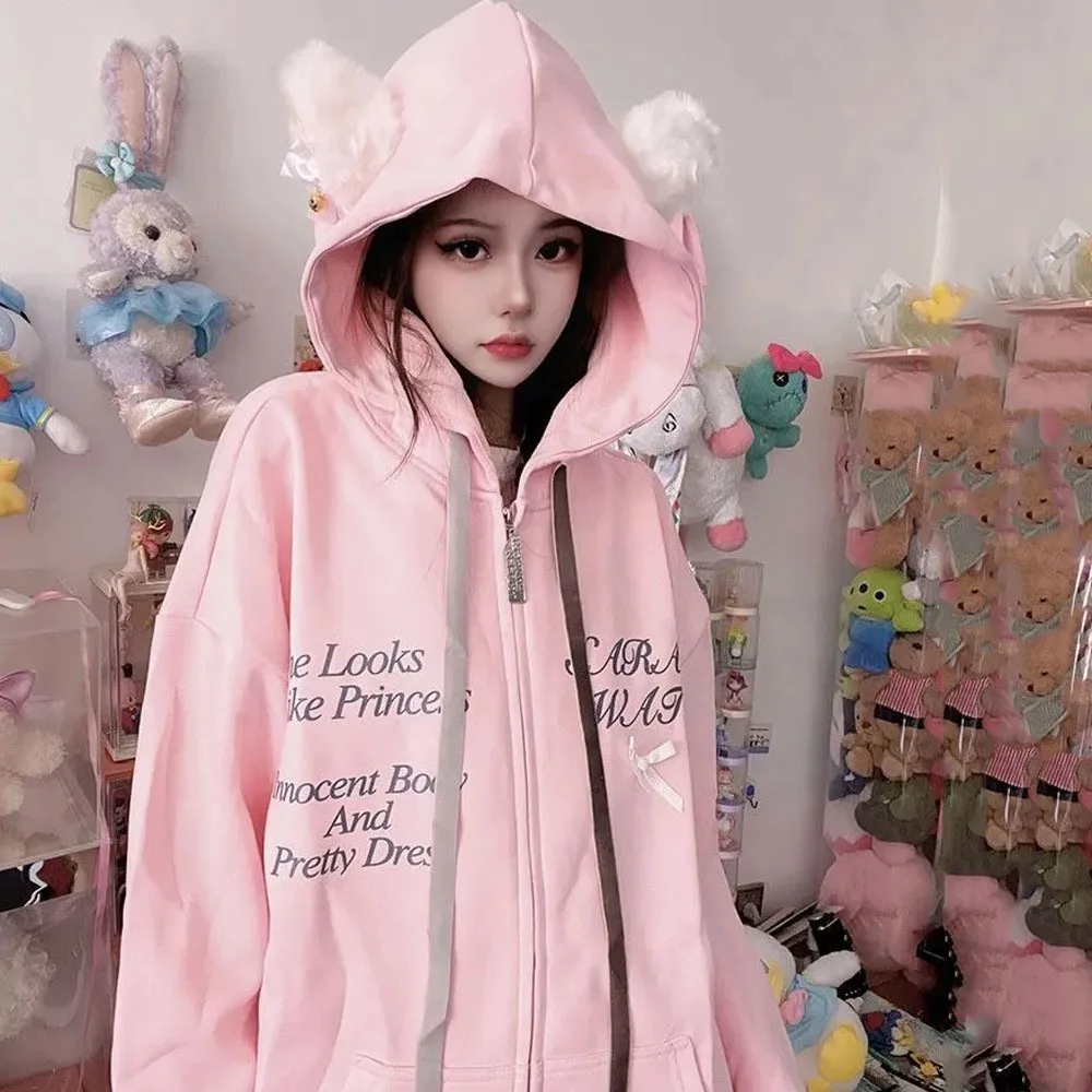 Personality Letter Hooded Cardigan Coat Jacket Cute Cat Ear Hooded Sweatshirt Female Student Loose Lace Up Bow Couple Zipper Top
Personality Letter Hooded Cardigan Coat Jacket Cute Cat Ear Hooded Sweatshirt Female Student Loose Lace Up Bow Couple Zipper Top