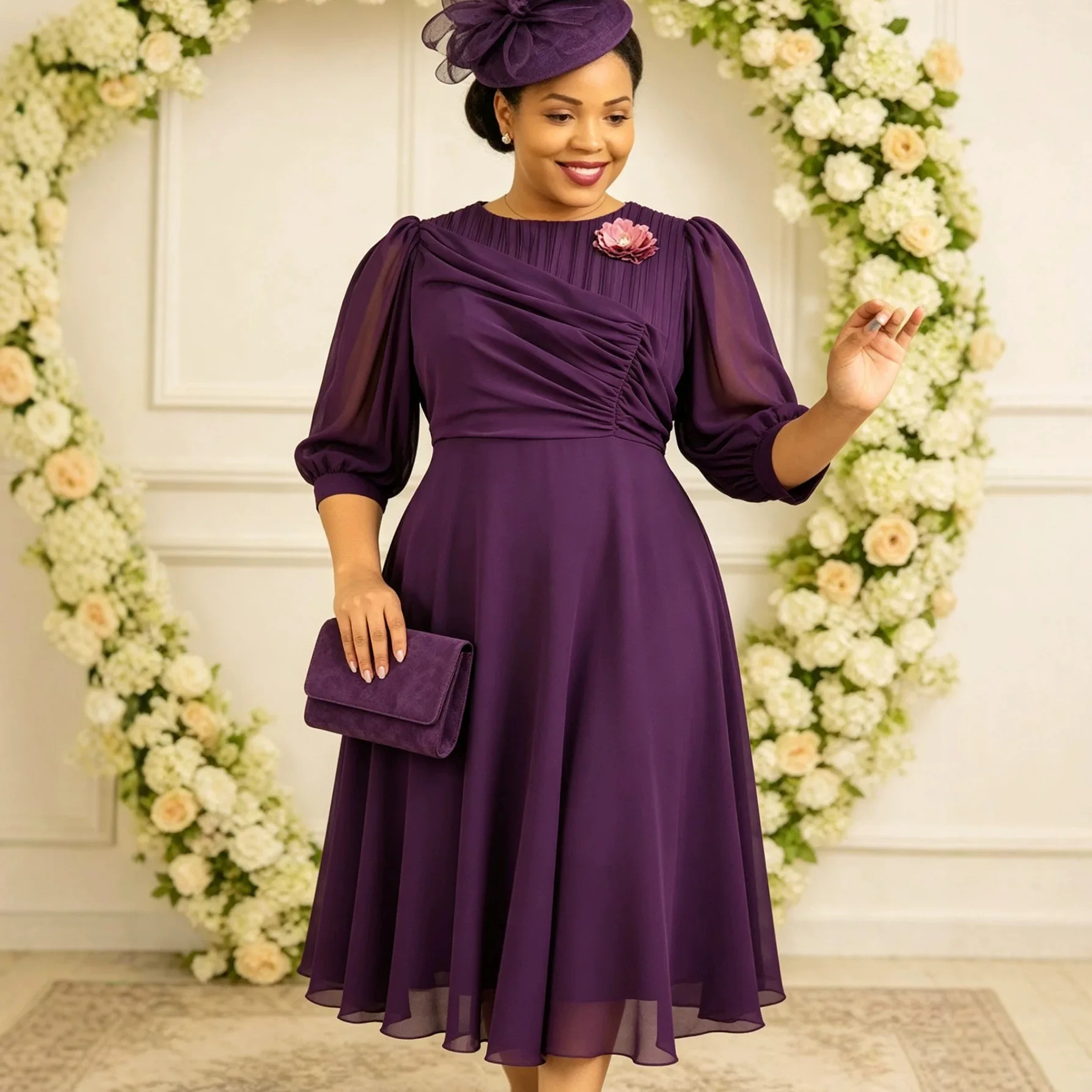 Plus-size Dark Purple Chiffon Clothes With Puffy Three-quarter Sleeves, Three-dimensional Floral Design Waist-cinching Design, A
Plus-size Dark Purple Chiffon Clothes With Puffy Three-quarter Sleeves, Three-dimensional Floral Design Waist-cinching Design, A