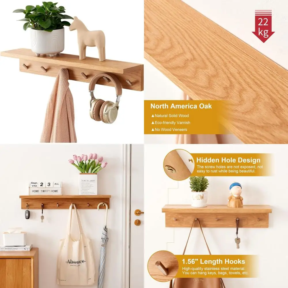 Настенная вешалка для одежды из дуба с 6 крючками и плавающей полкой для прихожих
Настенная вешалка для одежды из дуба с 6 крючками и плавающей полкой для прихожих