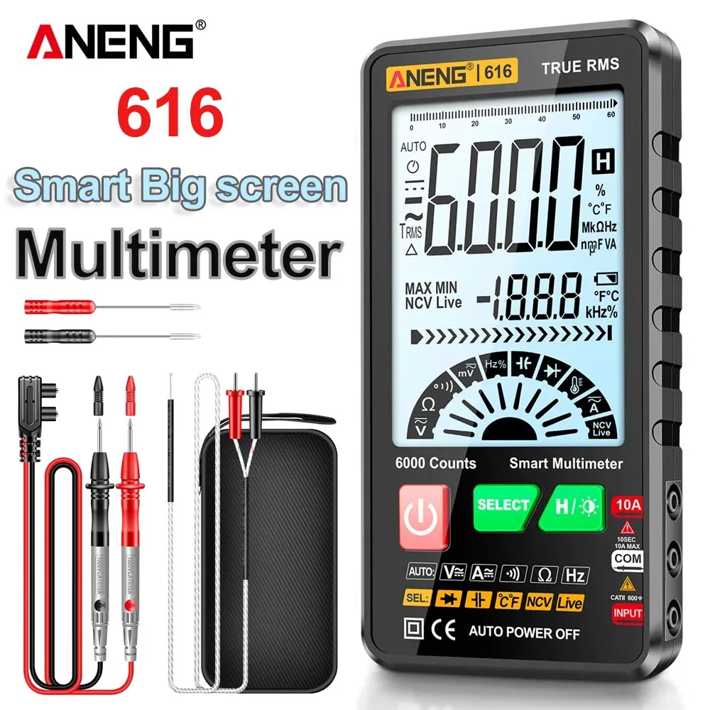 ANENG Professional Multimeter Digital electric tester 6000 Counts 616 AC Voltage Current Meter Capacitance Resistance NCV Tools
ANENG Professional Multimeter Digital electric tester 6000 Counts 616 AC Voltage Current Meter Capacitance Resistance NCV Tools