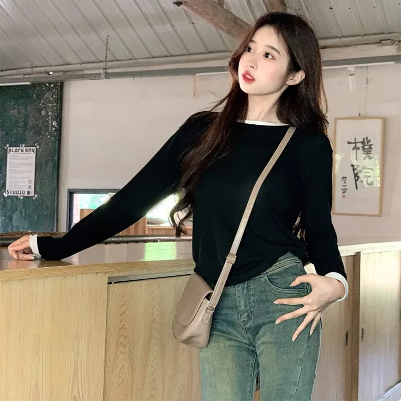 Autumn slim fit interior with insert color collar long sleeved t-shirt base top for women
Autumn slim fit interior with insert color collar long sleeved t-shirt base top for women