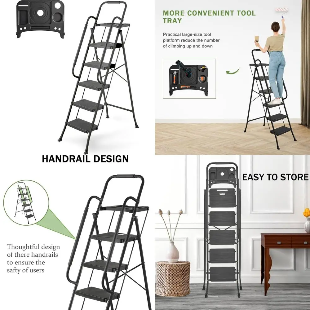 складная стальная лестница с поручнями, грузоподъемность 330 фунтов, платформа для инструментов, противоскользящие ступени.
складная стальная лестница с поручнями, грузоподъемность 330 фунтов, платформа для инструментов, противоскользящие ступени.