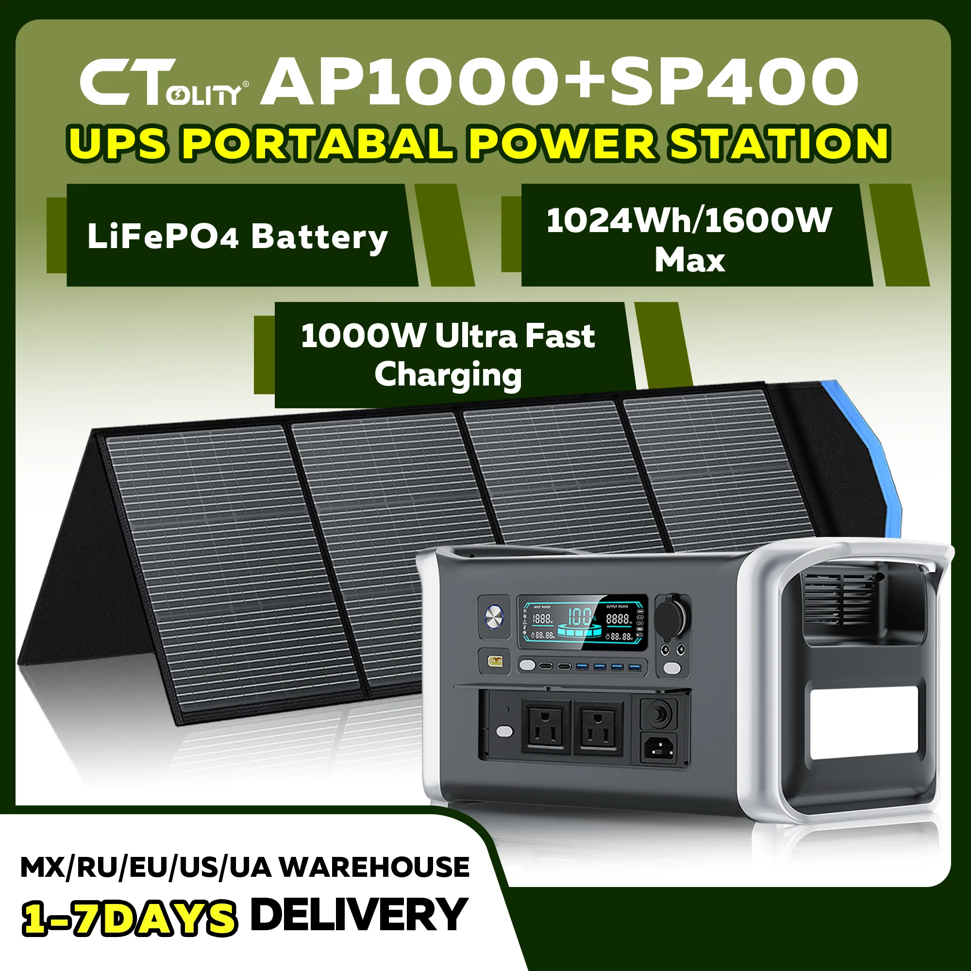 CTOLITY AP1000 Солнечный генератор 1600 Вт, аккумулятор LiFePo4 1024 Втч и гибкая солнечная панель 400 Вт, 41 В, для кемпинга, дома на колесах, для путешествий, затемнение
CTOLITY AP1000 Солнечный генератор 1600 Вт, аккумулятор LiFePo4 1024 Втч и гибкая солнечная панель 400 Вт, 41 В, для кемпинга, дома на колесах, для путешествий, затемнение