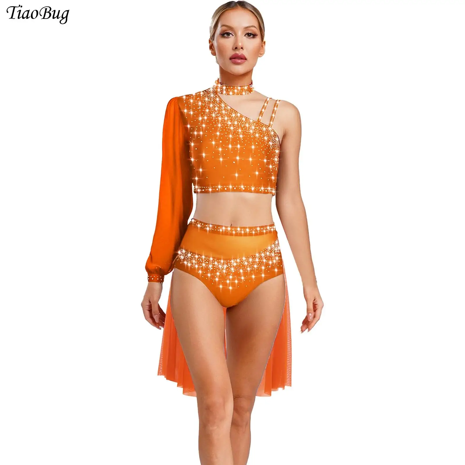 Women Ballet Lyrical Dance Costumes 2-Pieces Asymmetrical Sheer Mesh Long Sleeve Crop Top with Skirt Set Figure Skating Costume
Women Ballet Lyrical Dance Costumes 2-Pieces Asymmetrical Sheer Mesh Long Sleeve Crop Top with Skirt Set Figure Skating Costume