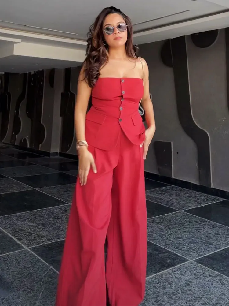 Female Stylish Solid Set Sleeveless Single-Breasted Tube Top+Pleated High Waist With Pockets Wide Leg Pants Elegant Suit
Female Stylish Solid Set Sleeveless Single-Breasted Tube Top+Pleated High Waist With Pockets Wide Leg Pants Elegant Suit