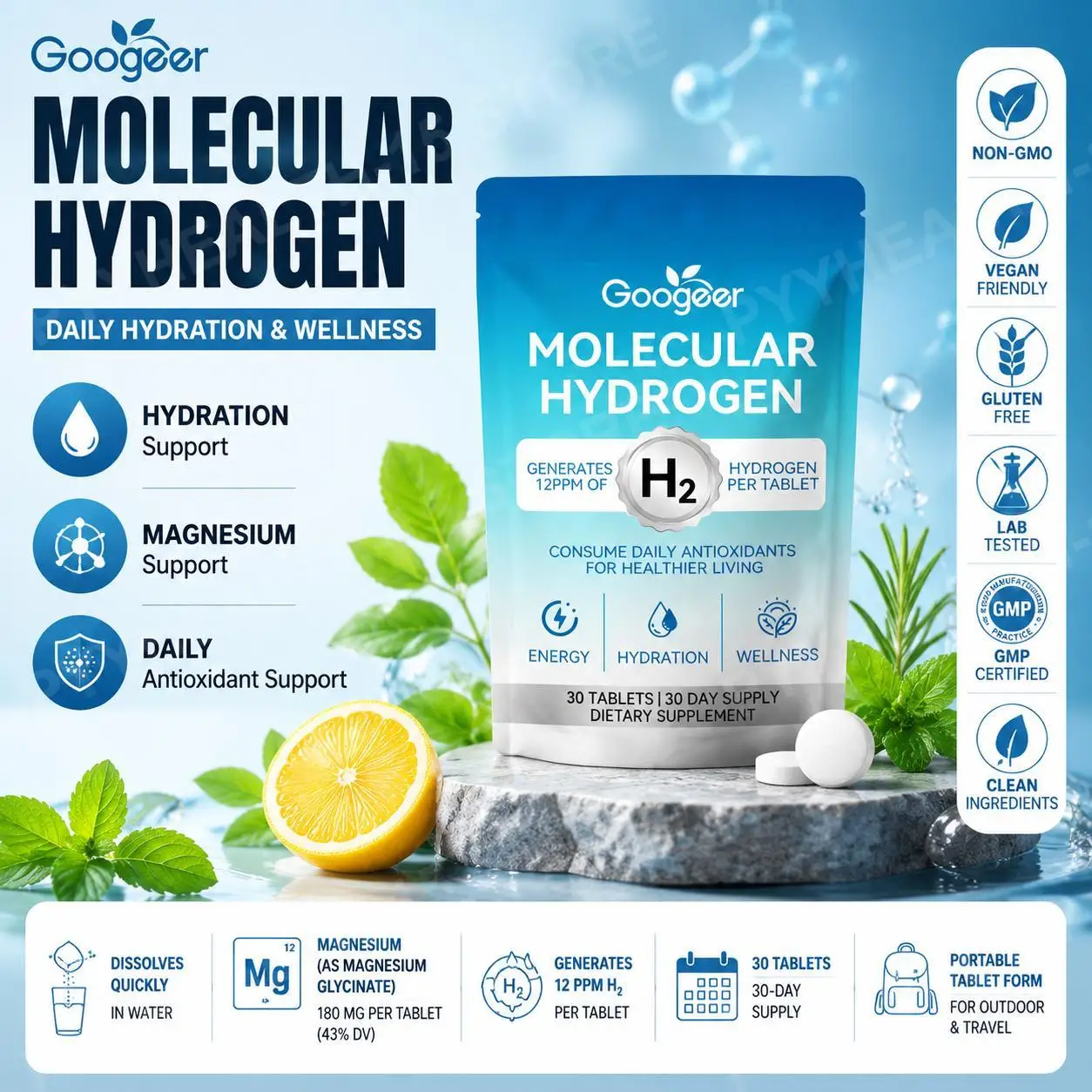 Googeer Molecular Hydrogen Water Tablets Generate 12 Ppm H2 Per Tablet with Magnesium Glycinate for Hydration Support 30 Tablets
Googeer Molecular Hydrogen Water Tablets Generate 12 Ppm H2 Per Tablet with Magnesium Glycinate for Hydration Support 30 Tablets