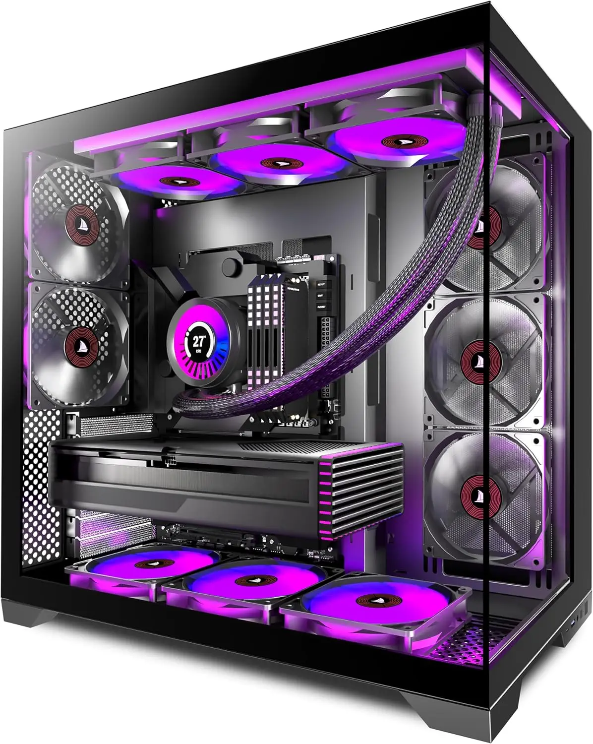 Mid Tower PC Case with 5 Pre-Installed Fans, Type-C, Dual Tempered Glass, 420mm Radiator Support, Black
Mid Tower PC Case with 5 Pre-Installed Fans, Type-C, Dual Tempered Glass, 420mm Radiator Support, Black