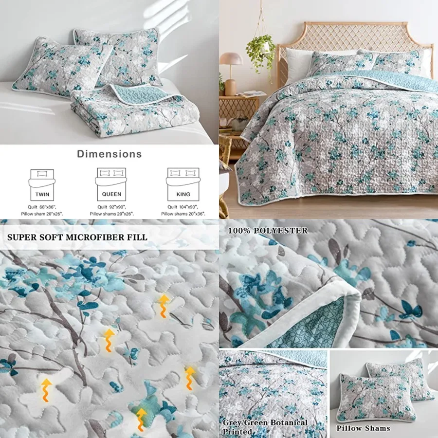 Botanical Quilt Set Full Queen Size, 3 Pieces Grey and Aqua Elegant Floral Printed Summer Bedding Set, Soft Microfiber Lightwei
Botanical Quilt Set Full Queen Size, 3 Pieces Grey and Aqua Elegant Floral Printed Summer Bedding Set, Soft Microfiber Lightwei