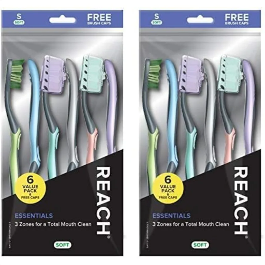 Зубная щетка Reach Essentials с колпачками для зубных щеток, многосторонняя угловая мягкая щетина, контурная ручка, скребок для языка, упаковка из 6 штук o
Зубная щетка Reach Essentials с колпачками для зубных щеток, многосторонняя угловая мягкая щетина, контурная ручка, скребок для языка, упаковка из 6 штук o
