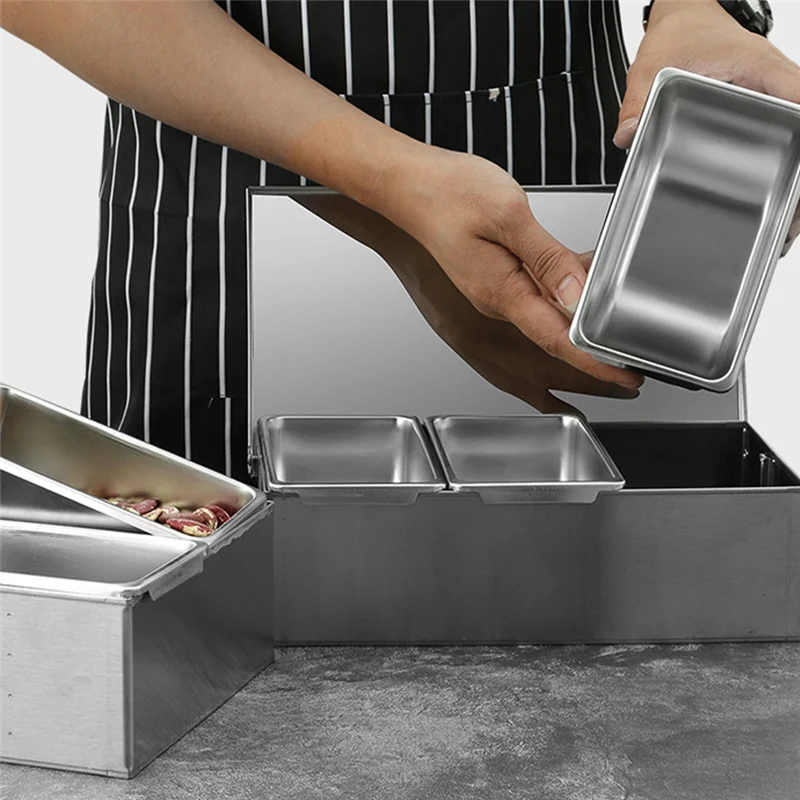 AED4-Section Seasoning Box Stainless Steel Ingredients Box Cheese Sauce Salt Sugar Box Spice Jar Baking Tool
AED4-Section Seasoning Box Stainless Steel Ingredients Box Cheese Sauce Salt Sugar Box Spice Jar Baking Tool