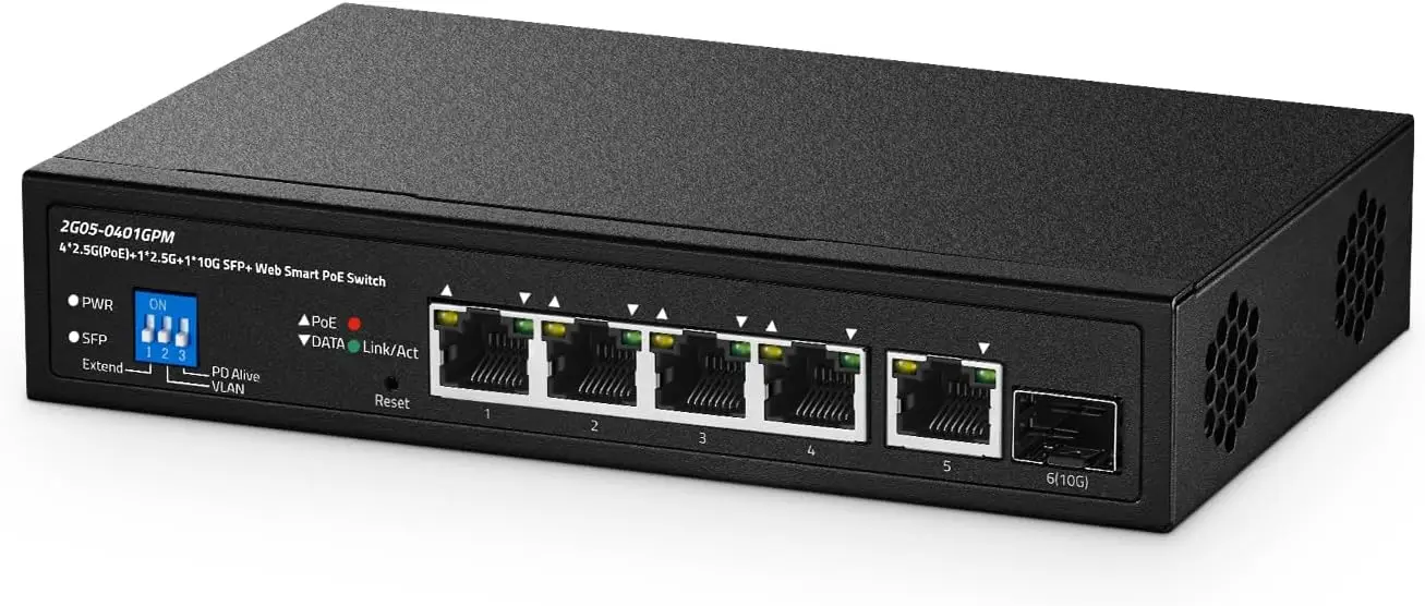 6 Port 2.5G PoE Managed Switch with 10G SFP+, 100W, LACP/VLAN/QoS, Metal Desktop/Wallmount
6 Port 2.5G PoE Managed Switch with 10G SFP+, 100W, LACP/VLAN/QoS, Metal Desktop/Wallmount
