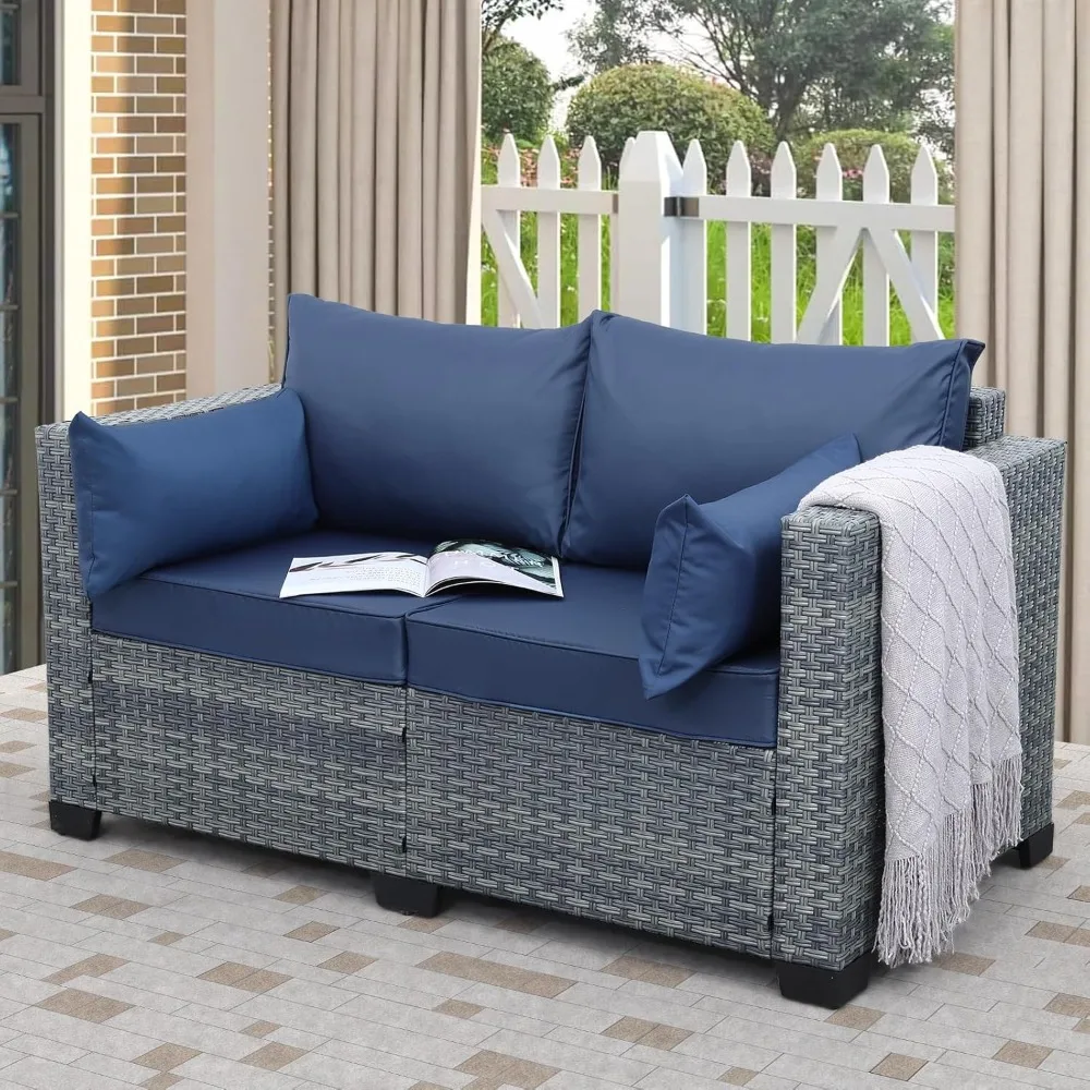 Outdoor Patio Loveseat Sofa, 2-Seater Small Couch, All Weather Wicker Love Seat Furniture with Navy Blue Cushions, for Backyard
Outdoor Patio Loveseat Sofa, 2-Seater Small Couch, All Weather Wicker Love Seat Furniture with Navy Blue Cushions, for Backyard