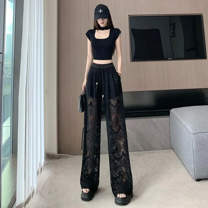 Summer New French Romantic Lace Hollow Elastic Waist Wide Leg Pants High Waist Women Pure Black Casual Pants Beautiful Trousers
Summer New French Romantic Lace Hollow Elastic Waist Wide Leg Pants High Waist Women Pure Black Casual Pants Beautiful Trousers