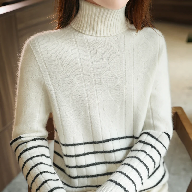 100% Merino Wool Cashmere Women's Clothes Autumn Winter Fashion High Lapel Striped Sweater For Women's Warm Knit Pullover
100% Merino Wool Cashmere Women's Clothes Autumn Winter Fashion High Lapel Striped Sweater For Women's Warm Knit Pullover