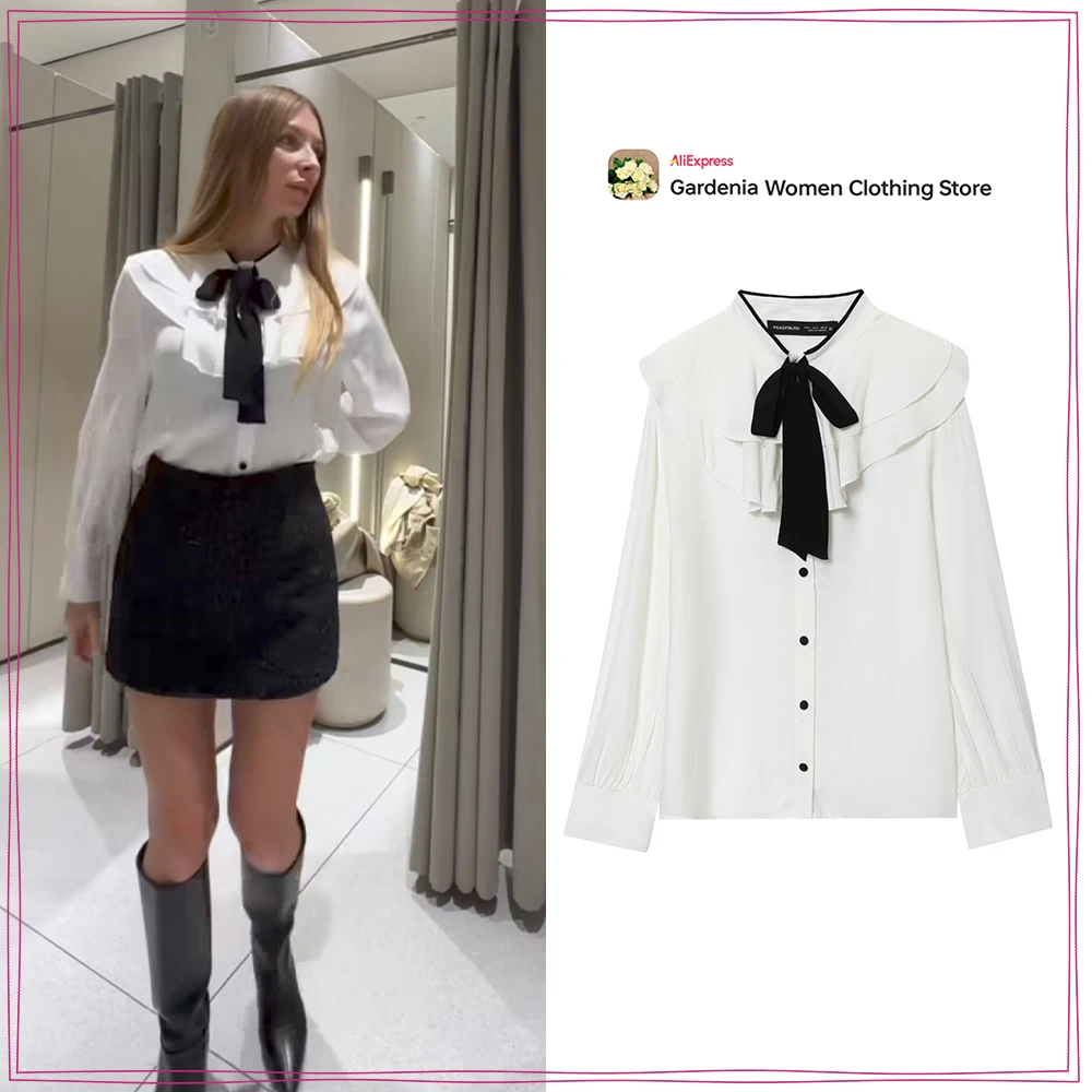 Elegant Chic Contrast Tie Ruffle Blouse Autumn Stylish High-neck and Long Sleeves Women Blouse with Contrasting Tie and Buttons
Elegant Chic Contrast Tie Ruffle Blouse Autumn Stylish High-neck and Long Sleeves Women Blouse with Contrasting Tie and Buttons