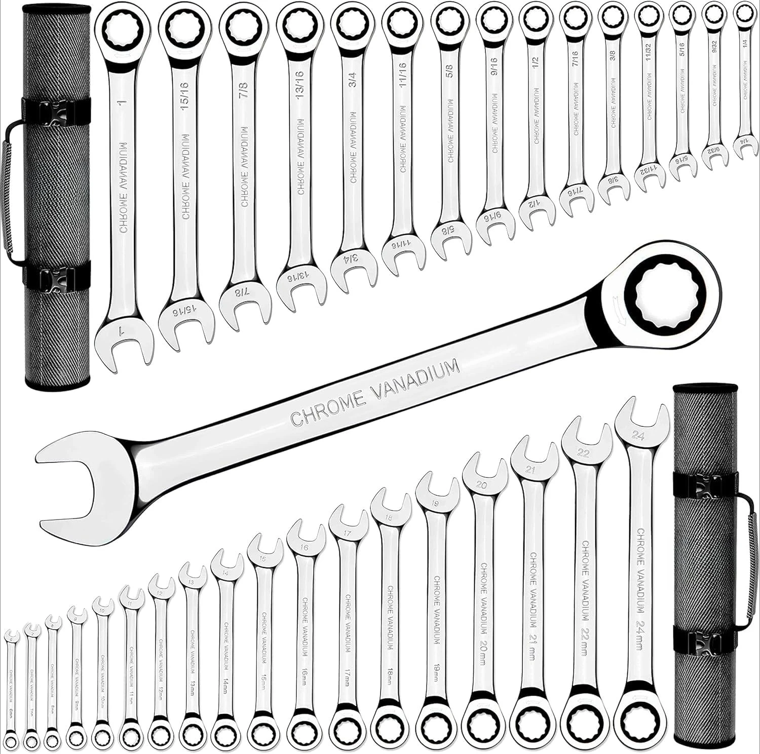 Complete Ratcheting Wrench Set 33pcs - Metric and Standard-Combination Ratchet Wrench Set-100% Lifetime Satisfaction Guarantee
Complete Ratcheting Wrench Set 33pcs - Metric and Standard-Combination Ratchet Wrench Set-100% Lifetime Satisfaction Guarantee