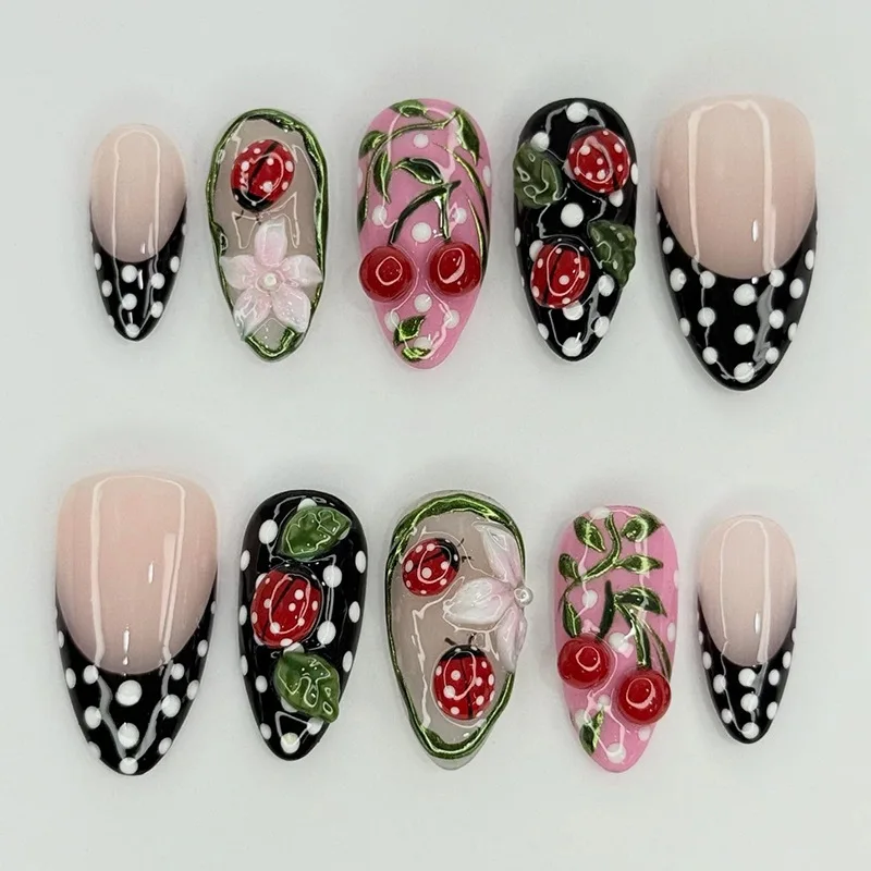 24Pcs White Polka Dot French False Nails 3D Cherry Flower Press on Fake Nails Mid-length Almond Detachable Full Cover Nails Tips
24Pcs White Polka Dot French False Nails 3D Cherry Flower Press on Fake Nails Mid-length Almond Detachable Full Cover Nails Tips
