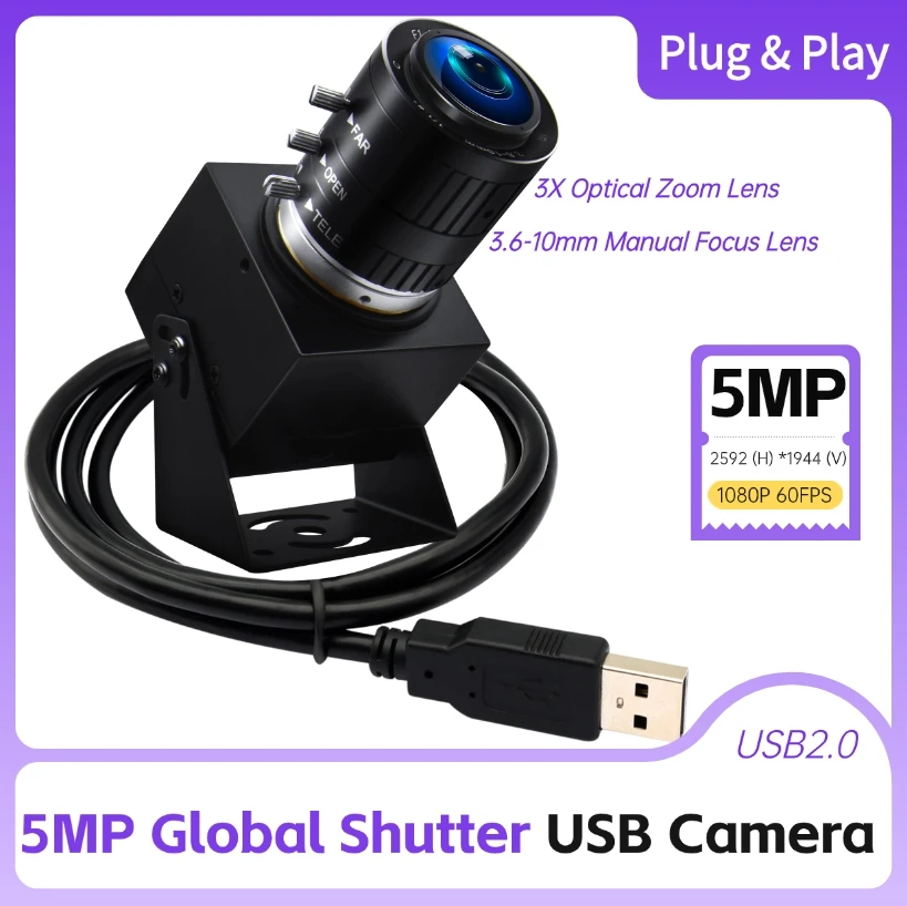 ELP 5MP USB Camera 1944P 50fps Global Shutter High Speed USB Camera, 3X Optical Zoom Wecam with 3.6-10mm Lens for PC,Pi,Laptop
ELP 5MP USB Camera 1944P 50fps Global Shutter High Speed USB Camera, 3X Optical Zoom Wecam with 3.6-10mm Lens for PC,Pi,Laptop