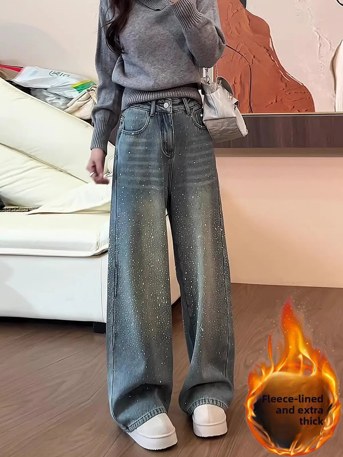 American Style Fleece Lined Wide Leg Denim Jeans Women's Spring New Thick Blue Knife Floor Length Pants High Waist
American Style Fleece Lined Wide Leg Denim Jeans Women's Spring New Thick Blue Knife Floor Length Pants High Waist