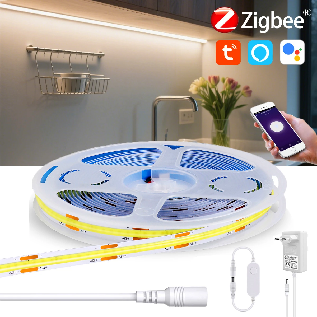 Tuya Zigbee COB LED Strip Lamp 12V 1m 2m 3m 5m RA90 Flexible Dimmable Light Ribbon for Alexa Google,Require ZIgbee 3.0 Gateway
Tuya Zigbee COB LED Strip Lamp 12V 1m 2m 3m 5m RA90 Flexible Dimmable Light Ribbon for Alexa Google,Require ZIgbee 3.0 Gateway