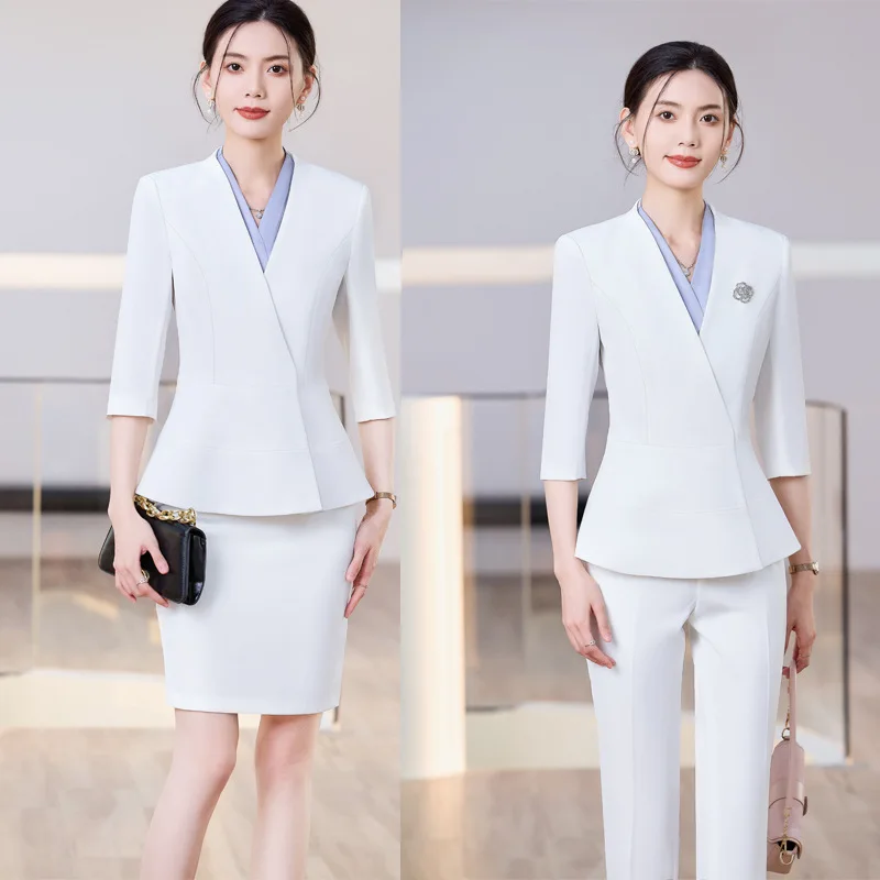 White women's suit2025New Spring/Summer Three-Quarter Sleeve Work Uniform for Jewelry Store and Beauty Salon Receptionists
White women's suit2025New Spring/Summer Three-Quarter Sleeve Work Uniform for Jewelry Store and Beauty Salon Receptionists