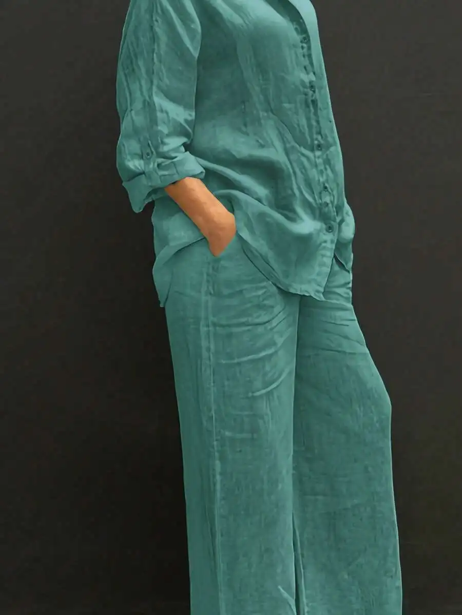 Teal Linen Blend Button-Up Top & Wide-Leg Pants 2-Piece Lounge Set
Teal Linen Blend Button-Up Top & Wide-Leg Pants 2-Piece Lounge Set