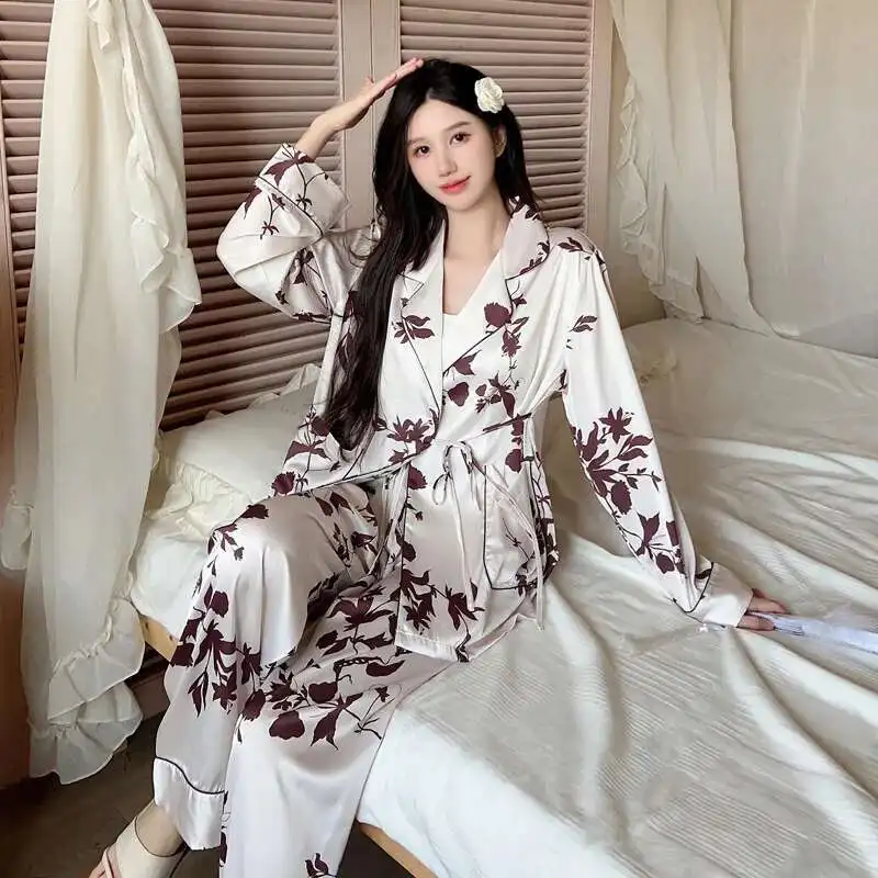 Elegant Ice Silk Pyjamas Women Spring And Autumn Noble Cardigan Lace-up Sets Ice Silk Sweet High Quality Print Pyjamas Sets Pj
Elegant Ice Silk Pyjamas Women Spring And Autumn Noble Cardigan Lace-up Sets Ice Silk Sweet High Quality Print Pyjamas Sets Pj