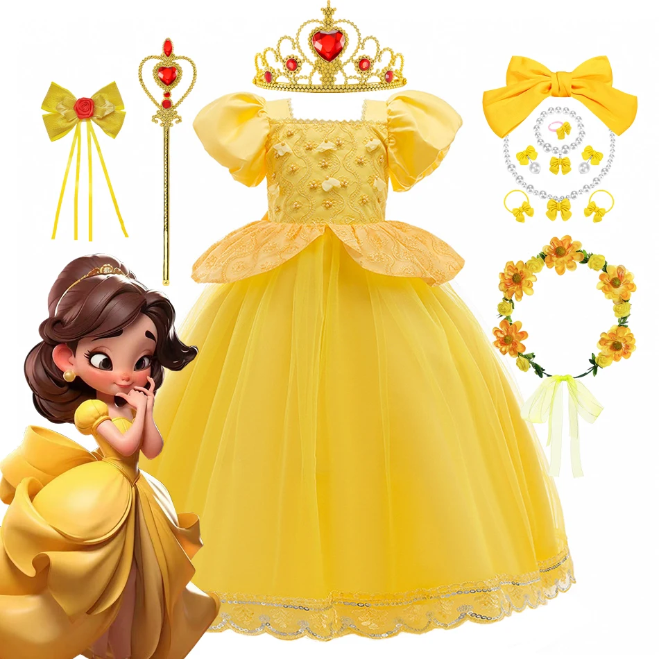 Disney Belle Princess Yellow Mesh Puffy Dress Girls Lace Ball Gown Miove Beauty and The Beast Costume Halloween Clothes
Disney Belle Princess Yellow Mesh Puffy Dress Girls Lace Ball Gown Miove Beauty and The Beast Costume Halloween Clothes